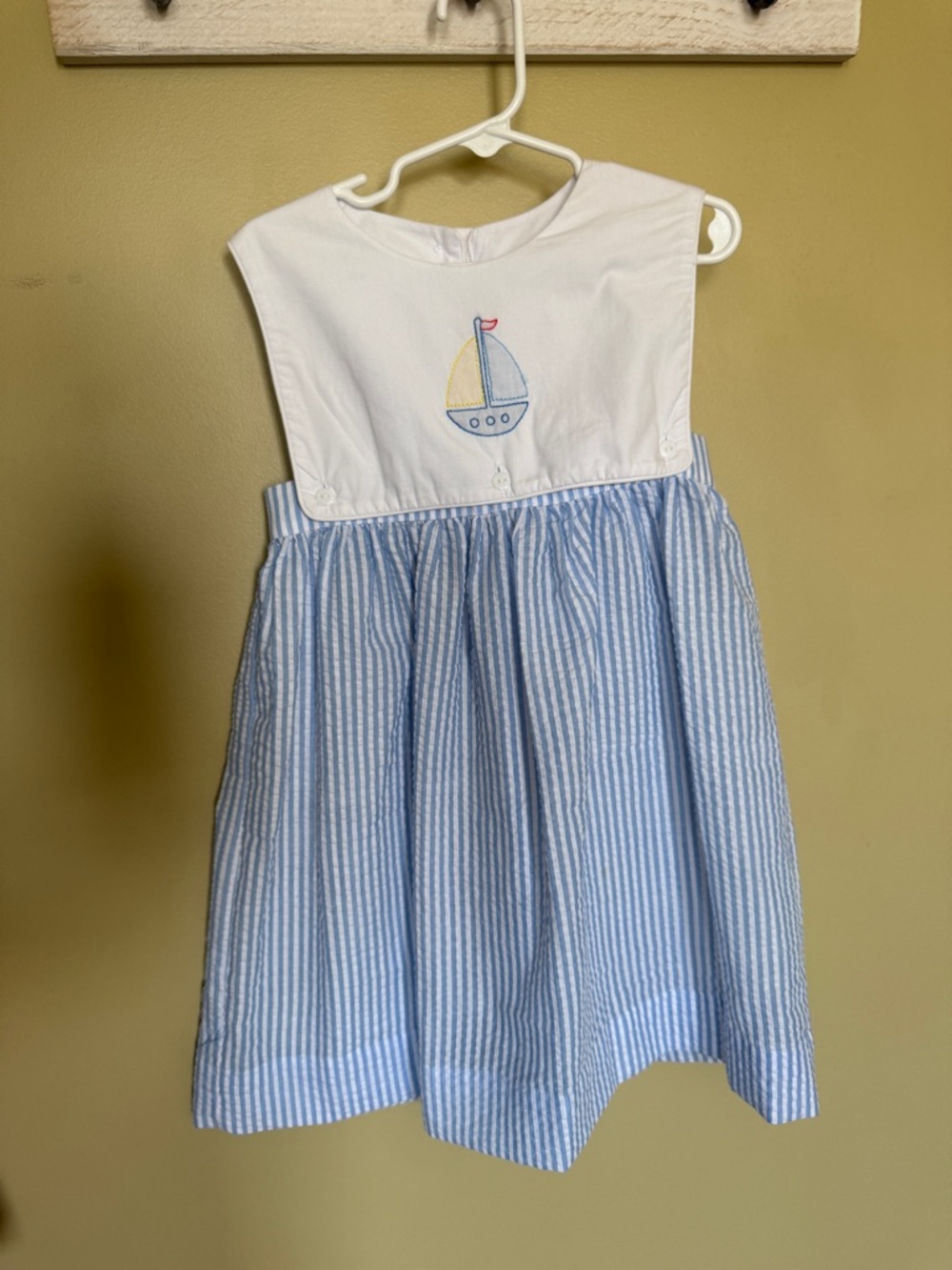 The Smocking Place Sailboat Dress Size 5 Blue Seersucker